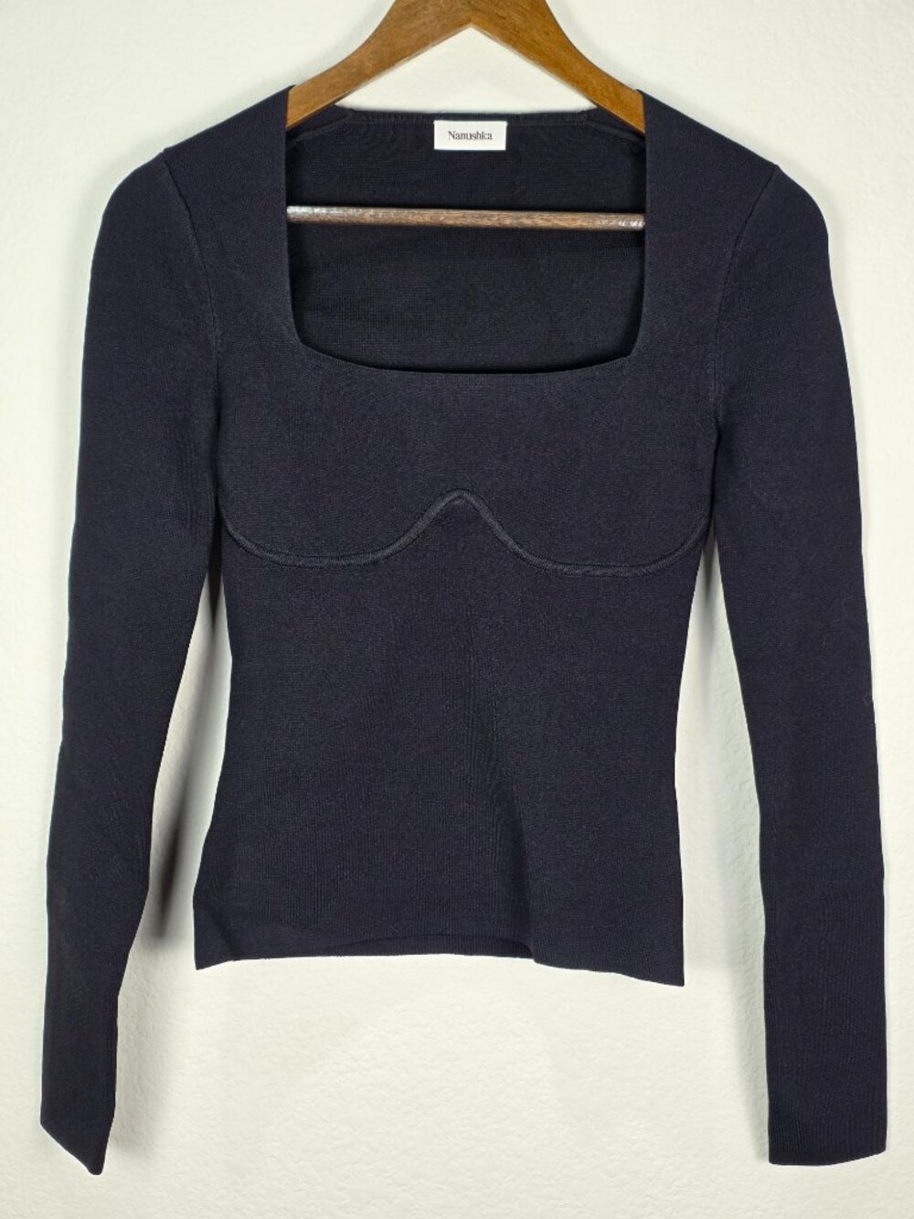NWOT Nanushka Black Mio Compact Viscose Structured Long Sleeve Knit Top XS